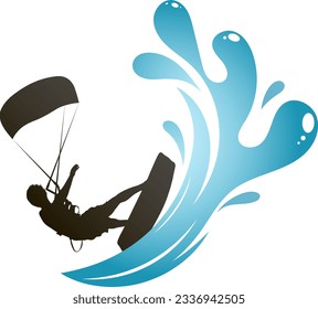 Surfer on a board with a parachute. Surfer silhouette and big ocean wave