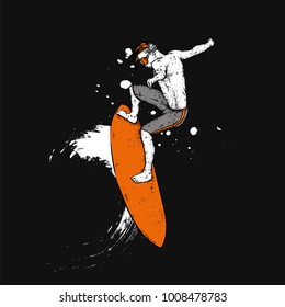 Surfer on the board. Vector illustration. Surfing. Sports and leisure. Sea and ocean. A man is surfing. Athletic guy.
