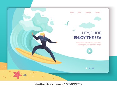 Surfer on the crest of a wave landing page illustration man ploughing the waves on the surfboard website template