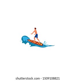 Surfer on the crest wave. Raster illustration in flat cartoon style