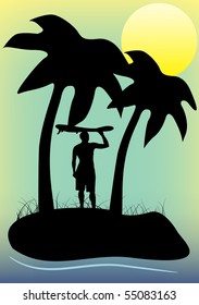 Surfer on island, vector illustration