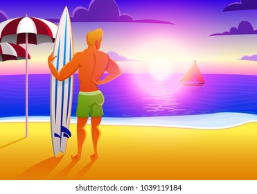 Surfer on the ocean beach at sunset with surfboard. vector illustration, vintage effect. sports man on weekends, healthy lifestyle.