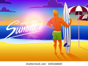 Surfer on the ocean beach at sunset with surfboard. vector illustration, vintage effect. sports man on weekends, healthy lifestyle.