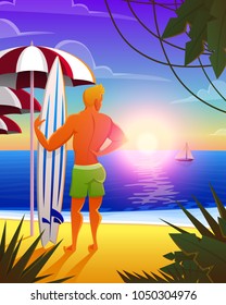 Surfer on the ocean beach at sunset with surfboard. vector illustration, vintage effect. sports man on weekends, healthy lifestyle.