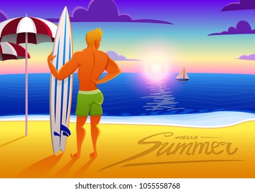 Surfer on the ocean beach at sunset with surfboard. vector illustration, vintage effect. sports man on weekends, healthy lifestyle, concept.