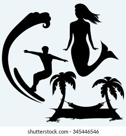 Surfer on ocean wave, cute mermaid and romantic hammock between palm trees. Isolated on blue background. Vector silhouettes