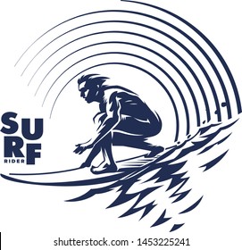 Surfer on ocean wave. Vector retro emblem. Black and white round composition on the topic wild waves