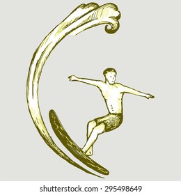 Surfer on Ocean Wave. Vector Image