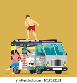 Surfer on the roof of the car. Vector illustration.
