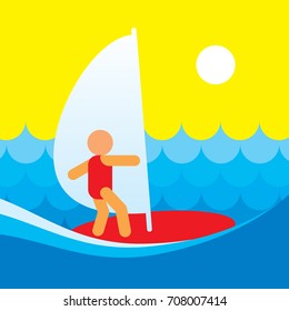 Surfer on the sea waves. Surfing Icon. Sunny beach
