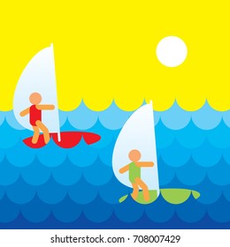 Surfer on the sea waves. Surfing Icon. Sunny beach
