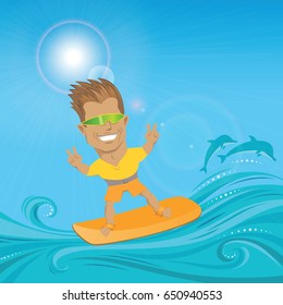 Surfer on summer ocean - cartoon character, man in green sunglasses on orange waterboard - vector editable illustration. Extreme sport concept.