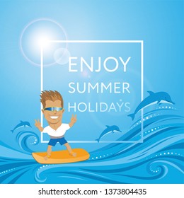 Surfer on summer ocean - man in sunglasses on orange waterboard  - vector editable illustration. Extreme sport concept for poster, banner, card.