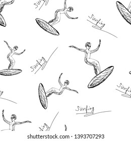 Surfer on the surf . Seamless pattern. Vector illustration.