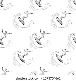 Surfer on the surf in the wave. Seamless pattern. Vector illustration.