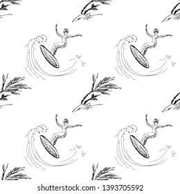 Surfer on the surf in the wave. Seamless pattern. Vector illustration.