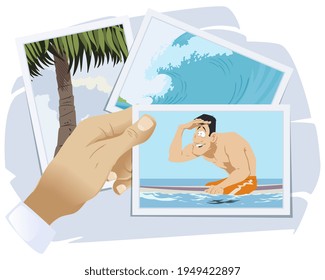 Surfer on surfboard looks into distance. Tourists on vacation. People in nature. Humans outdoor. Illustration concept for mobile website and internet development.