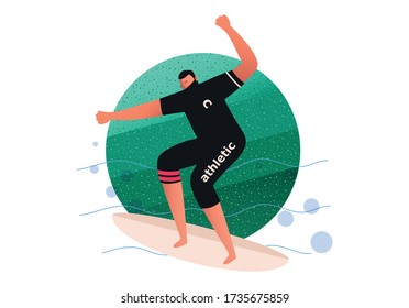 A surfer on a surfboard slides through the water. Water sports vector illustration. Surf Logo