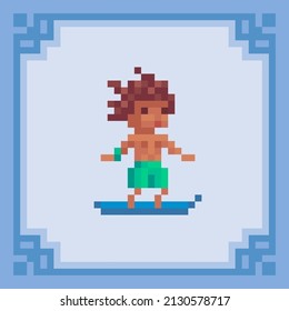 Surfer On Surfboard.Pixel Art Character. Vector Illustration In 8 Bit Style