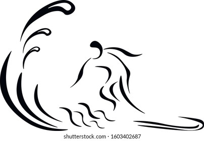 Surfer on the surfboat and big waves. Hand drawn vector isolated illustration on white background  