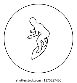 Surfer on surferboard icon black color in round circle outline