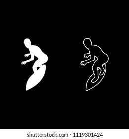 Surfer on surferboard icon outline set white color