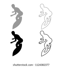 Surfer on surferboard icon outline set grey black color