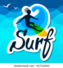 Surfer on surfing board with wave and waves background, logo vector template. Cartoon, flat style, silhouette, lettering.