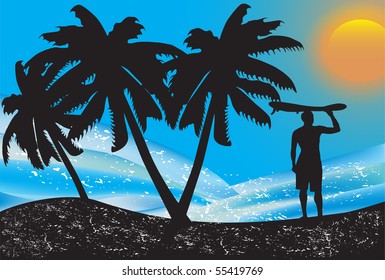 Surfer on tropical background