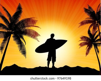 Surfer on a tropical background