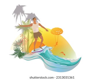 Der Surfer auf tropischem Hintergrund mit einer Meereswelle, Sonnenuntergang, Palmen. handgezeichnete Vektorgrafik