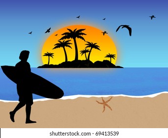Surfer on tropical beach background, vector illustration