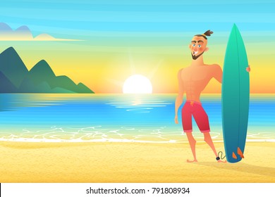 Surfer on tropical beach. Happy man standing Sunset bay