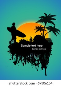 Surfer on tropical grunge background, vector illustration