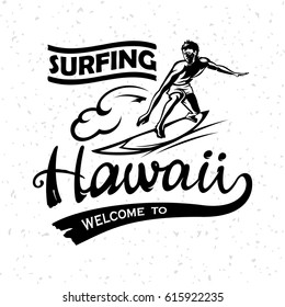 Surfer on a vintage label. Aloha Hawaii