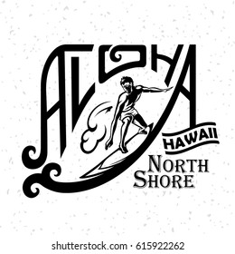 Surfer on a vintage label. Aloha Hawaii