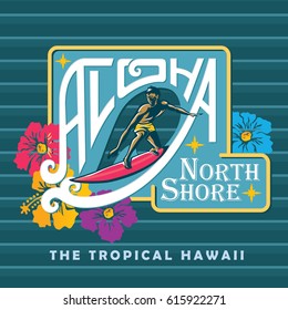 Surfer on a vintage label. Aloha Hawaii