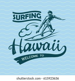 Surfer on a vintage label. Aloha Hawaii
