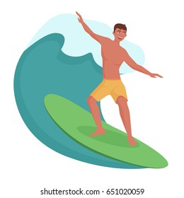 Surfer on the wave. Cartoon vector illustration.