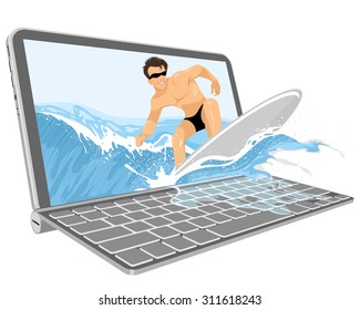 Surfer on a wave comes up out of the screen