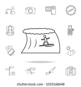 surfer on the wave line icon. Set of Tourism and Leisure icons. Signs, outline furniture collection, simple thin line icons for websites, web design, mobile app, info graphics on white background