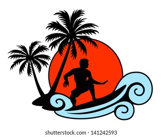 Surfer on a wave with palms and sunset