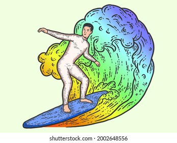 Surfer on the wave, pride month. Sketch scratch board imitation.