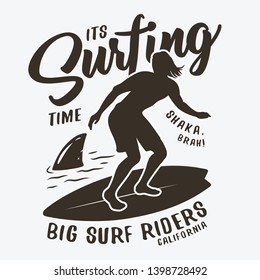 Surfer on a wave and shark for summer t-shirt print