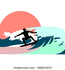 Surfer on wave sunset scene vector