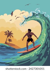 Surfer on a wave. Tropical sea vector landscape