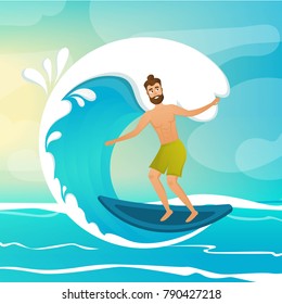 Surfer on wave vector illustration. Cartoon character. Healthy and fitness.  Surfing. EPS 10 vector