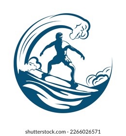 Surfer on the waves. Ocean, recreation, sport, vector illustration.