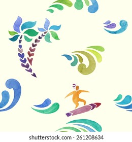 surfer on waves. watercolor seamless pattern