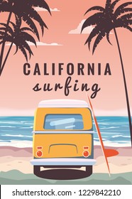 Surfer orange bus, van, camper with surfboard on the tropical beach. Poster California palm trees and blue ocean behind. Retro illustration of modern design, isolated, vector